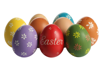A vibrant collection of colorful, decorated Easter eggs with floral patterns. One red egg prominently displays 'Easter', perfect for festive celebrations. background removed