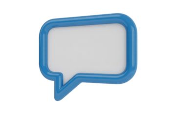 A glossy 3D blue speech bubble with a white interior, representing communication or dialogue. Modern design for messages, chats, and notifications. background removed