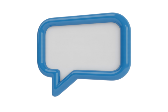 A glossy 3D blue speech bubble with a white interior, representing communication or dialogue. Modern design for messages, chats, and notifications. background removed