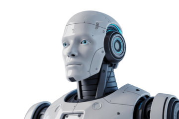 A futuristic humanoid robot bust, white and black design, blue eyes, and advanced tech features, set against a solid transparent background. background removed