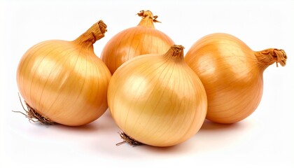 Four whole yellow onions on white surface, showcasing fresh produce with smooth golden-brown skins.