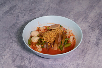 
Different types of tom yum noodles Spicy flavor