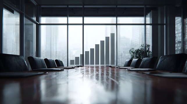 Modern boardroom with a rising bar graph projection symbolizing business growth and success against a city backdrop