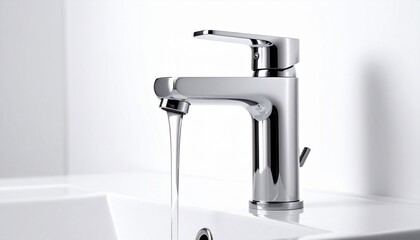 Chrome-finished minimalist faucet on white surface with light gray background, showcasing sleek modern design.