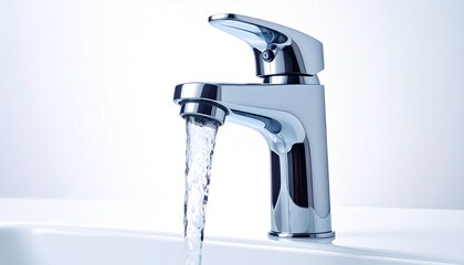 Chrome-finished minimalist faucet on white surface with light gray background, showcasing sleek modern design.