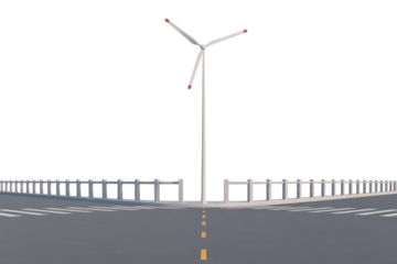 A 3D rendered wind turbine at a minimalist road junction with pedestrian crossings and a barrier, on a transparent background. background removed
