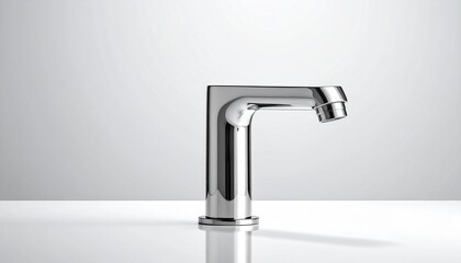 Chrome-finished minimalist faucet on white surface with light gray background, showcasing sleek modern design.
