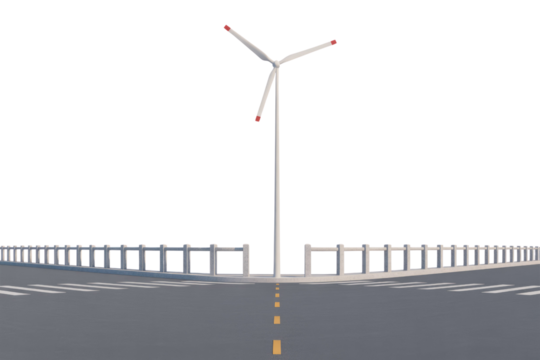 A 3D rendered wind turbine at a minimalist road junction with pedestrian crossings and a barrier, on a transparent background. background removed