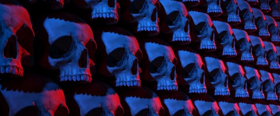 Many human skulls stacked on top of each other lit by red and blue spotlights - 3D rendering