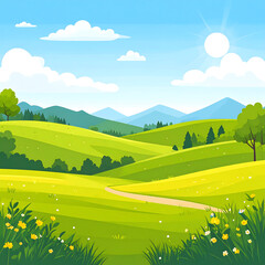 Fototapeta premium Scenic illustration of a sunny day with green hills and blue sky