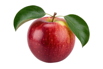 A fresh, vibrant red and yellow apple with two green leaves and a brown stem, isolated against a simple dark transparent background. background removed