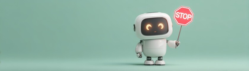 Fototapeta premium A cute robot holding a stop sign against a mint green background, conveying a playful yet important message about halting or stopping actions, cute police robot