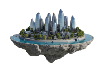 A futuristic, sustainable city with sleek, reflective skyscrapers and lush trees, built on a serene floating island surrounded by water and boats. background removed