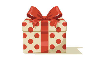 A beautifully wrapped gift box featuring cream paper with vibrant red polka dots and a striking red ribbon bow, ready for celebration. background removed