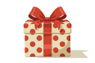A beautifully wrapped gift box featuring cream paper with vibrant red polka dots and a striking red ribbon bow, ready for celebration. background removed