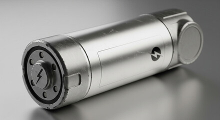 Futuristic metallic cylindrical battery or energy cell on gray surface.
A close-up, high-tech studio shot of a large, cylindrical component, resembling a modern or futuristic battery, energy cell