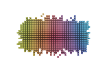 Irregular grid of 3D cubes with a vibrant yellow to blue color gradient, creating a dynamic, pixelated, digital design element. background removed