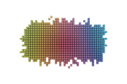 Irregular grid of 3D cubes with a vibrant yellow to blue color gradient, creating a dynamic, pixelated, digital design element. background removed