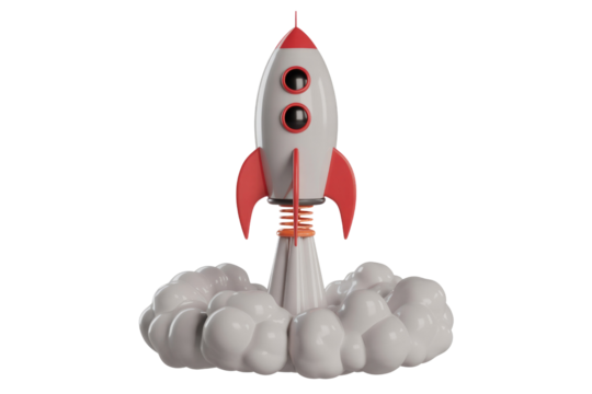 A 3D render of a stylized white and red rocket taking off, surrounded by cartoonish white smoke, symbolizing launch and progress. background removed