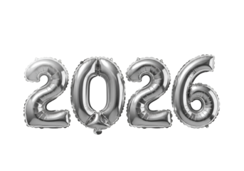 Letter 2026 from silver balloon isolated on transparent background 