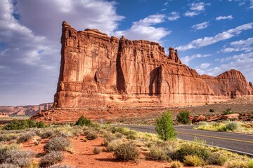Road through Arches National Park, Moab, Utah, USA.
Fantastic national park with red rock walls. Tourist hotspot.
Travel in the USA. Round trip in the States.
