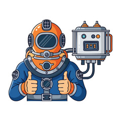 Fototapeta premium A cartoon diver in a classic suit gives a thumbs up next to equipment.