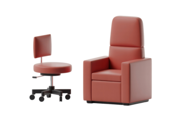 A 3D rendered red wheeled office stool with backrest paired with a large, plush armchair, both minimalistic and modern design. background removed