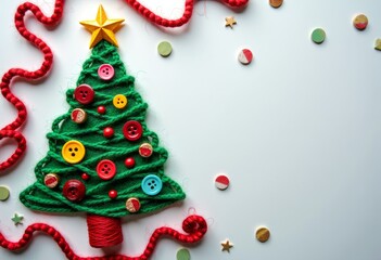handmade Christmas tree made of colorful threads, buttons and beads, craft background, top view, DIY holiday art, high detail macro photography