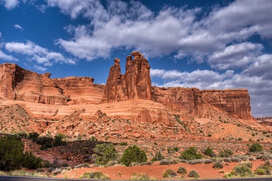  Arches National Park in Utah. Beautiful view of the Arches. Beautiful red rock landscape with breathtaking arches and rock formations. Travel in the USA. Discovery trip in Utha Moab in the USA