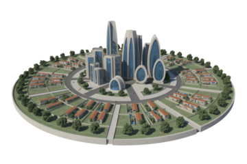 A circular futuristic city model showcasing modern skyscrapers and residential housing units, surrounded by green spaces, on a transparent background. background removed