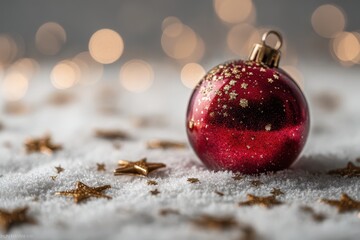 Dazzling red Christmas ornament with golden stars on snow and bokeh lights.