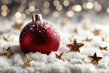 Festive red bauble on snow, golden stars, warm bokeh holiday lights.