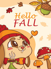 Squirrel with acorn and mushrooms. Hello fall lettering with autumn leaves on abstract background. Autumn concept. Vector illustration can be used for poster, banner or postcard