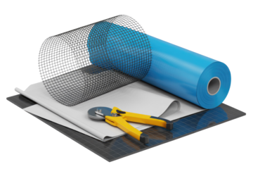 Construction materials for waterproofing or reinforcement: blue membrane roll, wire mesh, white sheets, cutting mat, and a rotary cutter. background removed