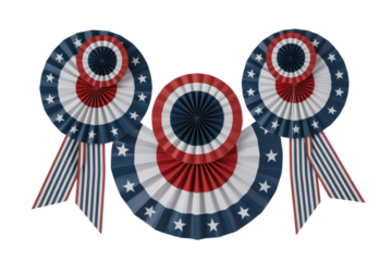 Three vibrant red, white, and blue patriotic paper rosettes with stars and striped ribbons, perfect for Fourth of July celebrations. background removed
