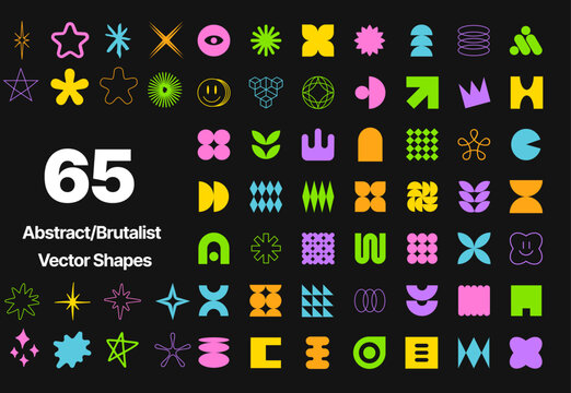 Brutalist abstract geometric shapes and grids. Brutal contemporary figure star oval spiral flower and other primitive elements. Swiss design aesthetic. Bauhaus Memphis design.