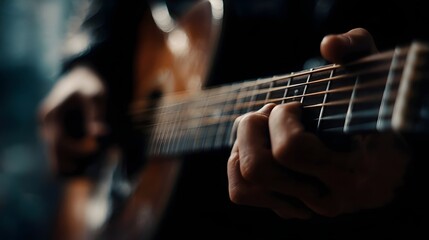 Fototapeta premium Close up of hands playing the strings of an acoustic guitar highlighting intricate fingerwork and musical detail