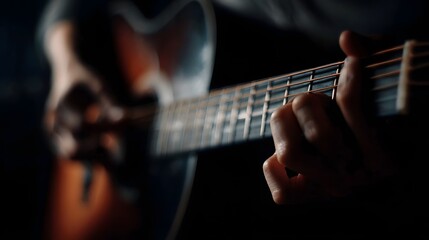 Fototapeta premium Hands playing acoustic guitar close up on strings and frets with moody lighting