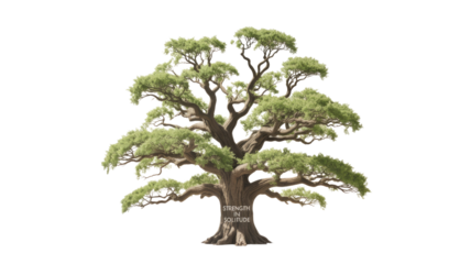 A majestic, gnarled tree with lush green foliage displays "STRENGTH IN SOLITUDE" on its trunk, symbolizing resilience, growth, and wisdom. background removed