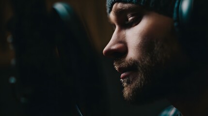 Man in headphones recording vocals in a sound studio profile view