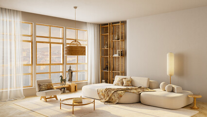 Wide angle Japandi living room interior with balanced negative space, cozy wooden furniture and soft daylight ideal for text or copy space. 3D illustration