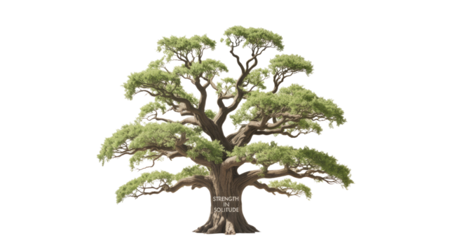 A majestic, gnarled tree with lush green foliage displays "STRENGTH IN SOLITUDE" on its trunk, symbolizing resilience, growth, and wisdom. background removed