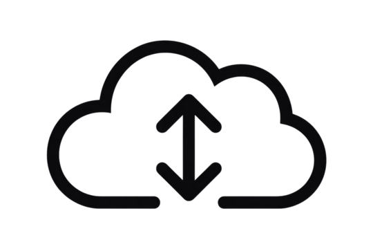 Outline cloud icon with an up and down arrow, representing data synchronization, upload, download, or cloud computing services. background removed - Powered by Adobe