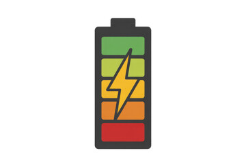 Obraz premium A vibrant battery charging icon with a yellow lightning bolt, displaying a full charge across colorful segments from red to green. background removed