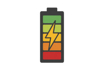 A vibrant battery charging icon with a yellow lightning bolt, displaying a full charge across colorful segments from red to green. background removed
