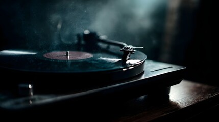 Vintage record player spins a vinyl disc with visible dust particles in atmospheric lighting