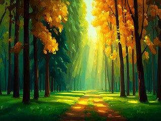 Autumn forest illustration. A path leads through a sunlit forest with yellow and green leaves