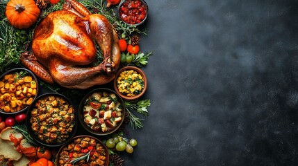 Thanksgiving flat lay with roasted turkey placed on far right edge, variety of sides arranged sparsely across bottom, top half left intentionally blank, neutral textured background 