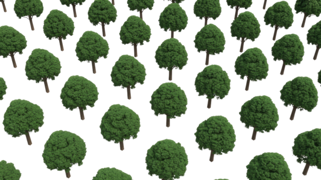 A vibrant transparent background adorned with a seamless, repeating pattern of individual small green trees. Perfect for nature-themed designs. background removed
