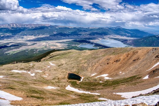 View of the Twin Lakes in Colorado. Hike up Mount Elbert, one of the Fourteeners. Near the historic village of Leadville. Fantastic views of the surrounding Rocky Mountain landscape.High quality photo